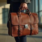 Stylowy brązowy skórzany neseser do pracy z metalowym zapięciem, trzymana w ręce osoby w eleganckim stroju, na tle nowoczesnego wnętrza z dużymi oknami.