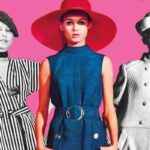Książki o modzie. Fragment okładki „Dom mody Telimena” przedstawiający trzy modelki w modowych stylizacjach na różowym tle.
