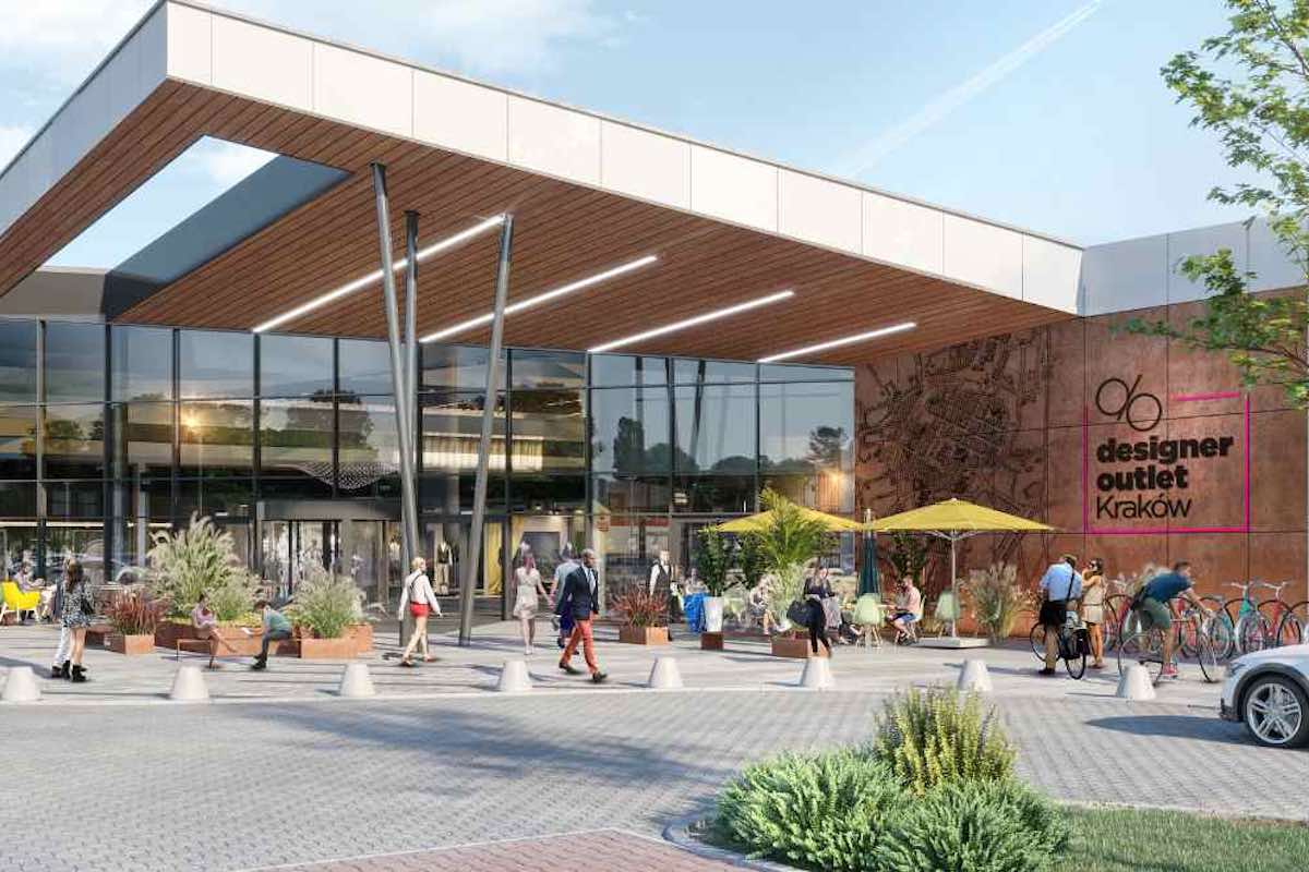 Wizualizacja Designer Outlet Kraków - nowego centrum handlowego, które w maju 2025 otworzy się w Krakowie.