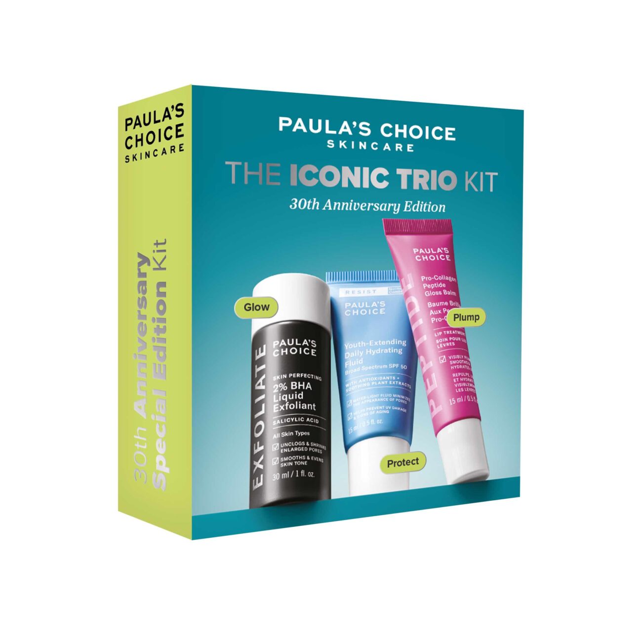 Pudełko zestawu kosmetyków Paula’s Choice o nazwie 'The Iconic Trio Kit – 30th Anniversary Edition', zawierające trzy produkty: exfoliant, krem z SPF oraz balsam do ust, z napisami Glow, Protect i Plump.