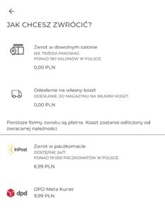 Screenshot aplikacji Reserved z możliwościami zwrotu. Zdjęcie nawiązuje do kroków marek, które walczą z wardrobingiem i zmieniają politykę zwrotów.