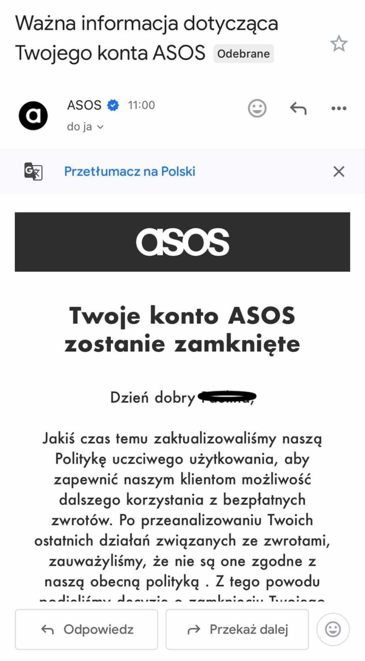 Asos blokada konta - mail do użytkownika Asos, o tym, że konto zostało zablokowane.