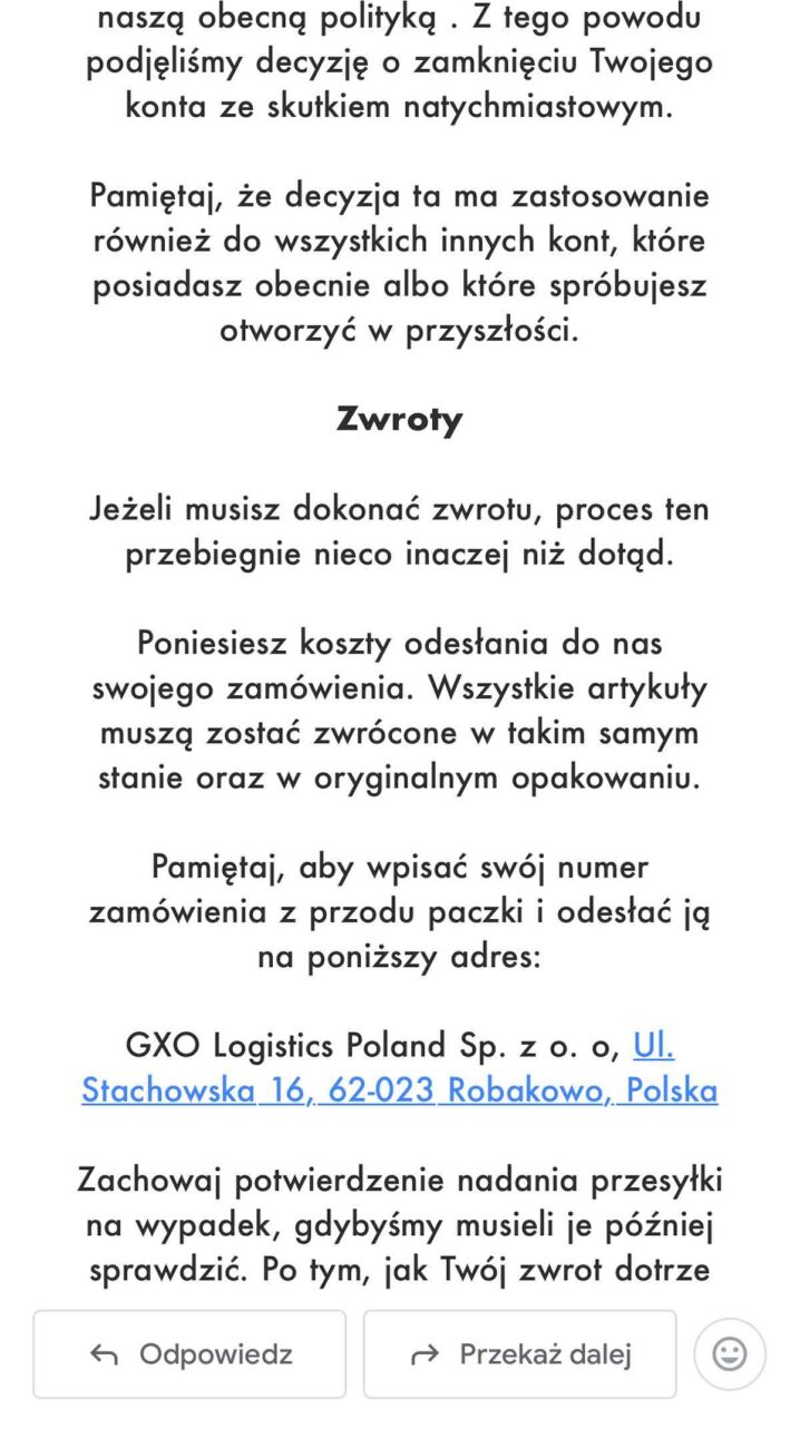 Asos blokada konta - mail informujący o blokadzie.