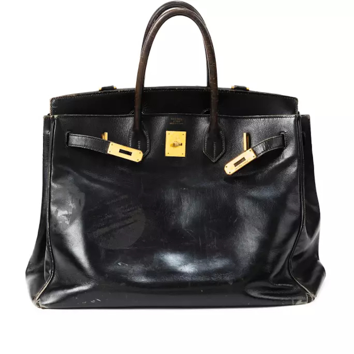 Prototyp Hermes Birkin Bag, który trafi na aukcję Sotheby's w Paryżu. Model wykonany z czarnej skóry, ze złotymi akcentami.