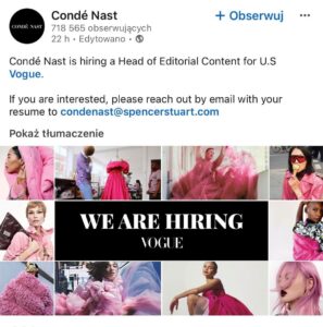 Screenshot z aplikacji LinkedIn, na której Condé Nast szuka następcy lub następczyni Anny Wintour w amerykańskim „Vogue”.
