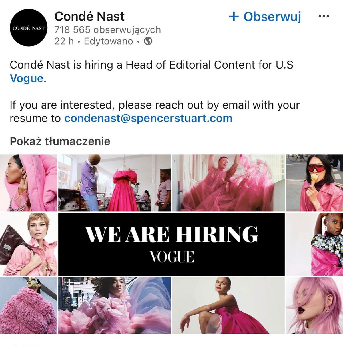Screenshot z aplikacji LinkedIn, na której Condé Nast szuka następcy lub następczyni Anny Wintour w amerykańskim „Vogue”.