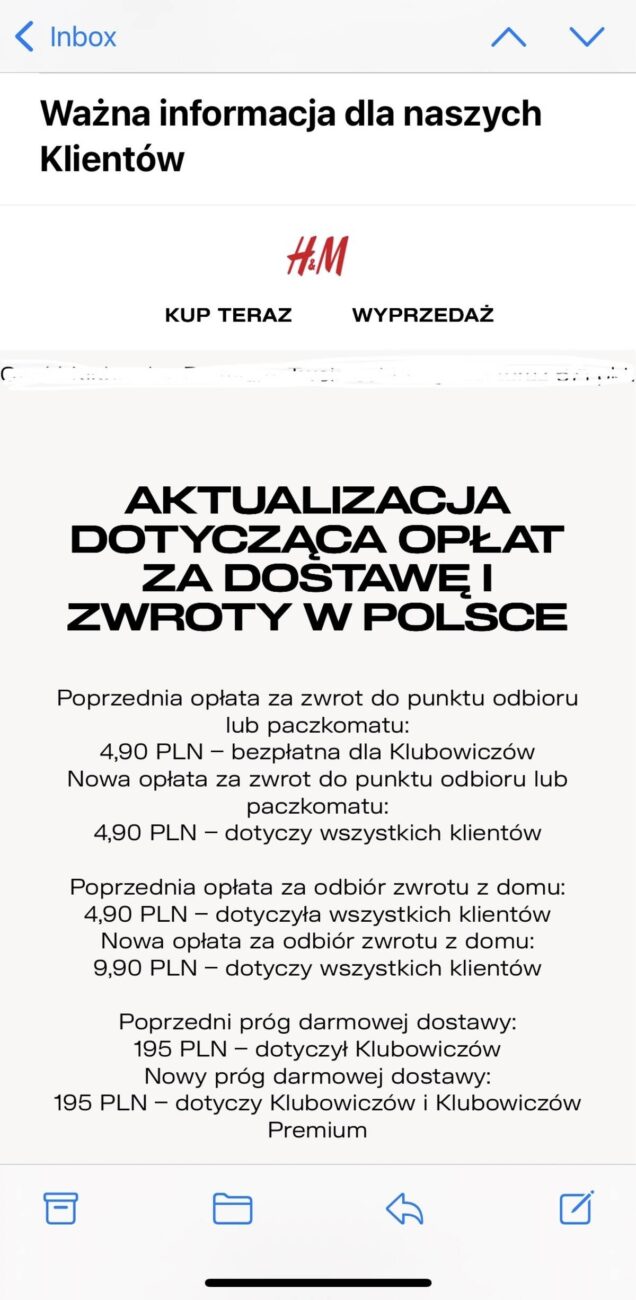 Screenshot e-maila od H&M, w którym marka informuje klientów o aktualizacji opłat za dostawę i zwroty w Polsce. 