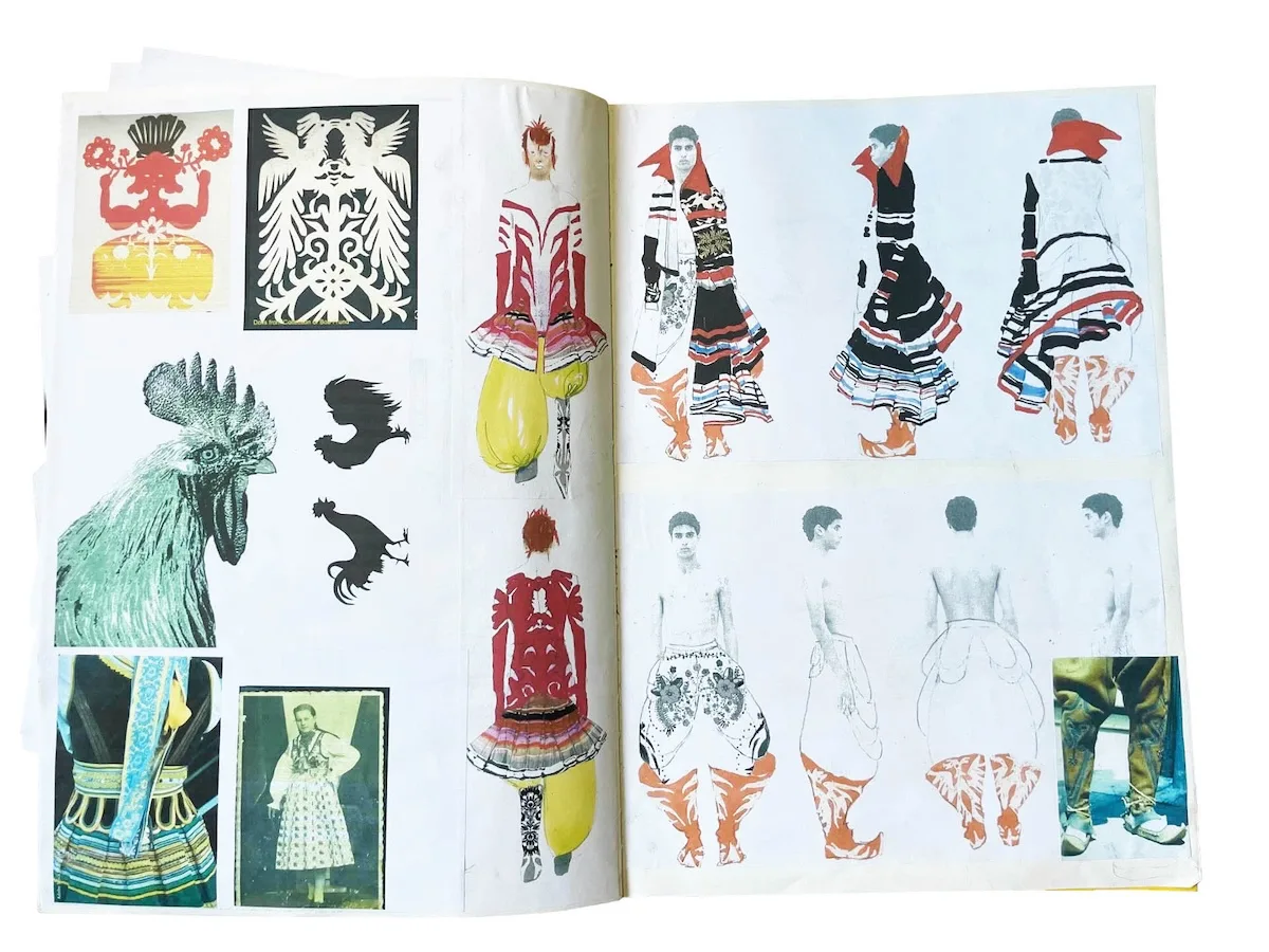 Moodboard i szkice projektowe Huberta Pelca przygotowane podczas pracy nad kolekcją dyplomową. Na planszach widać inspiracje folklorem, motywami ludowymi oraz sylwetki projektów łączących tradycyjne rzemiosło z ekstrawagancką formą. Materiały pokazują Moodboard i szkice projektowe Huberta Pelca przygotowane podczas pracy nad kolekcją dyplomową. Na planszach widać inspiracje folklorem, motywami ludowymi oraz sylwetki projektów łączących tradycyjne rzemiosło z ekstrawagancką formą. Materiały pokazują proces twórczy opisywany w wywiadzie. twórczy opisywany w wywiadzie.