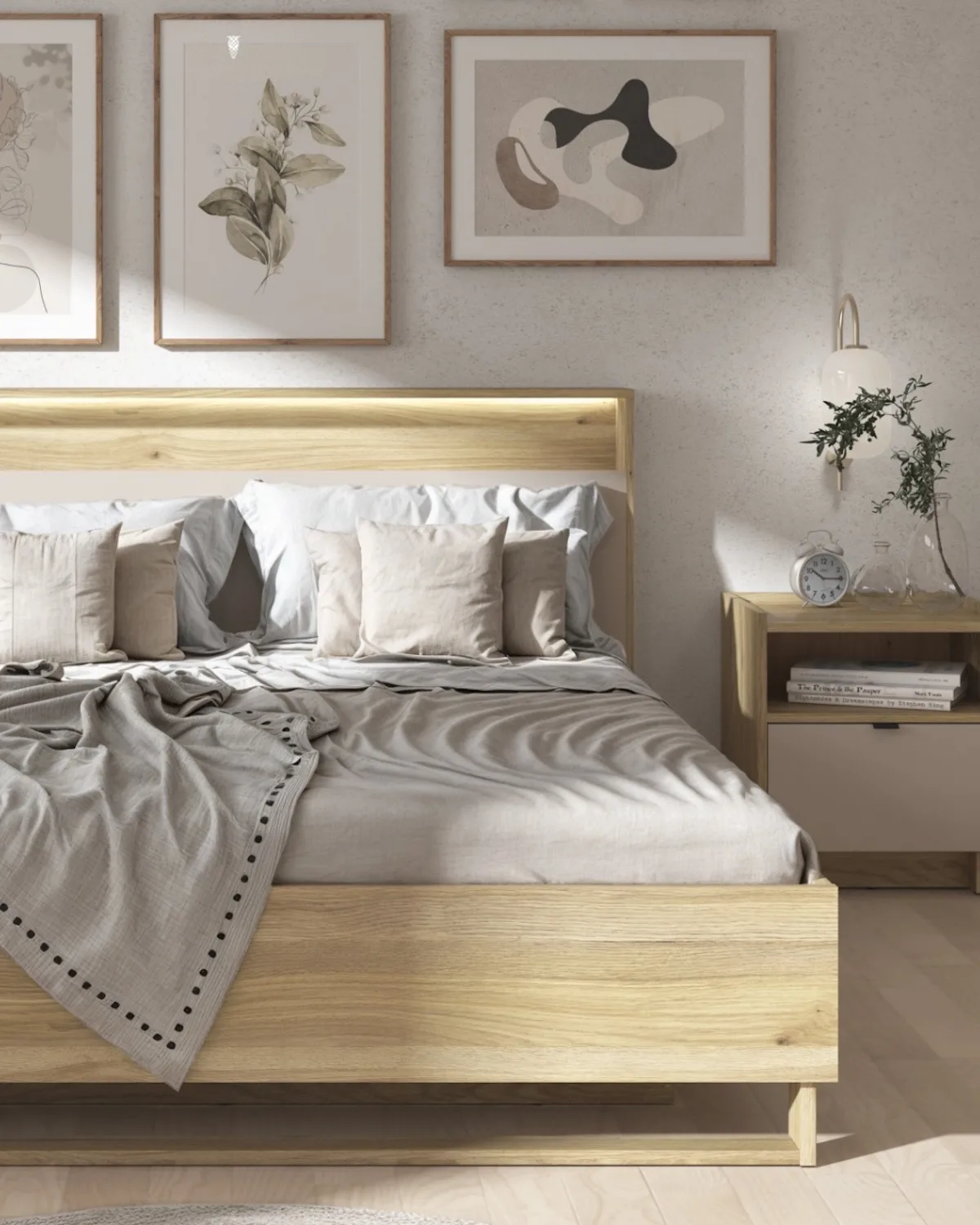 Nowoczesna sypialnia z drewnianym łóżkiem i minimalistycznymi dodatkami – aranżacja wnętrza Black Red White