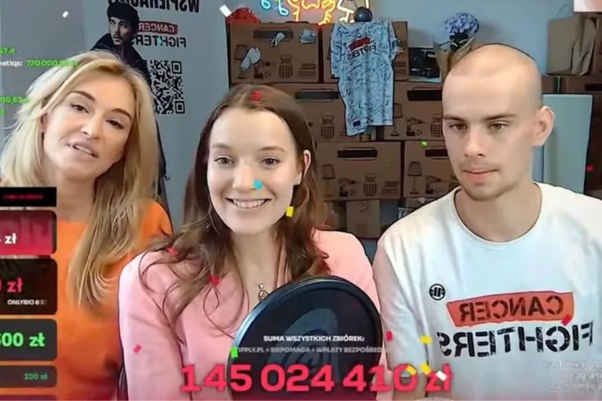 Anonimowa wpłata Łatwogang Diss na Raka. Kadr ze streamu akcji „Diss na Raka”, na którym uczestnicy reagują na rosnącą kwotę zbiórki widoczną na ekranie wraz z rankingiem darczyńców i elementami zachęcającymi do wsparcia – w tle widać dynamiczną atmosferę wydarzenia, konfetti oraz licznik sięgający setek milionów złotych, co pokazuje skalę zaangażowania społeczności internetowej.