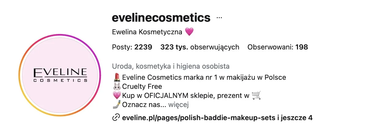Screen z instagram Eveline Cosmetics, gdzie marka zmieniła nazwę na Ewelina Kosmetyczna