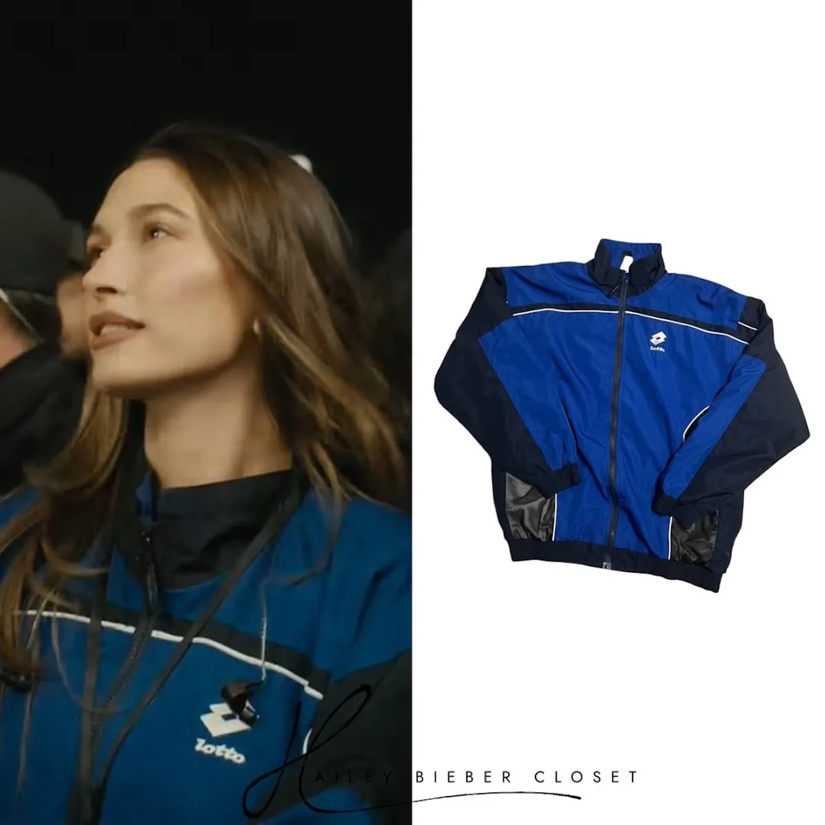 Hailey Bieber w vintage kurtce Lotto Sport Italia zestawionej obok zbliżenia samego modelu. Charakterystyczna niebiesko-granatowa track jacket z logo „double diamond” stała się jednym z najbardziej rozpoznawalnych elementów jej stylizacji z Coachelli. To właśnie ten model wywołał nagły powrót zainteresowania marką Lotto.
