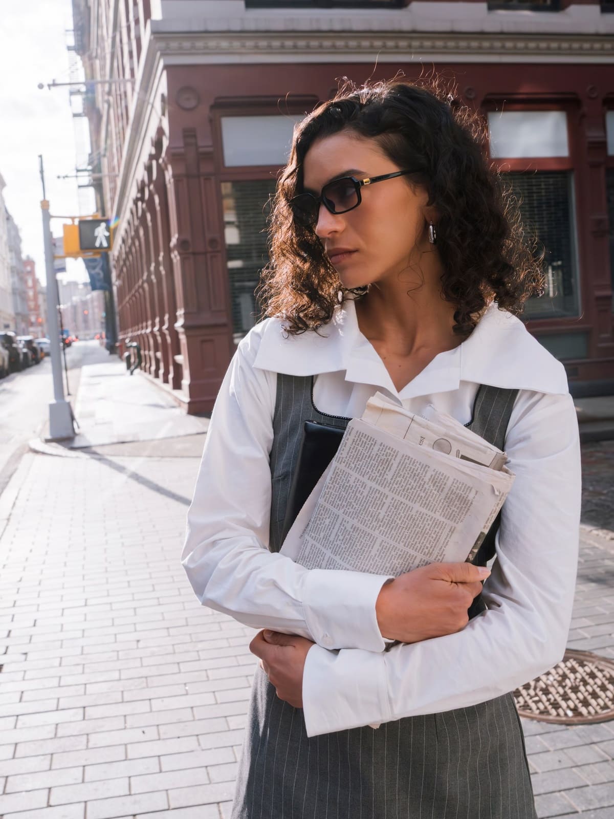 Modelka w białym garniturze na ulicy miasta – kolekcja Reserved inspirowana filmem