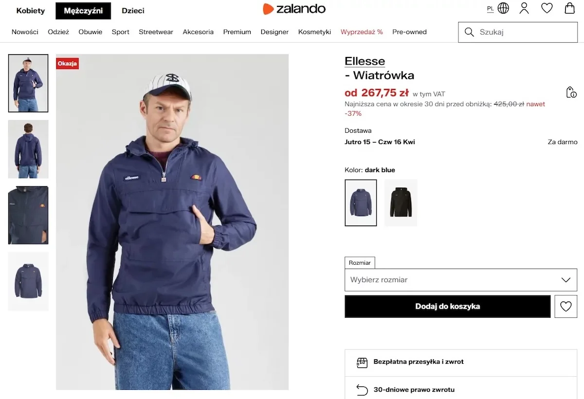 Model w granatowej wiatrówce marki Ellesse na stronie Zalando, którego twarz uderzająco przypomina Donald Tusk – zdjęcie, które wywołało viral w internecie i lawinę komentarzy.