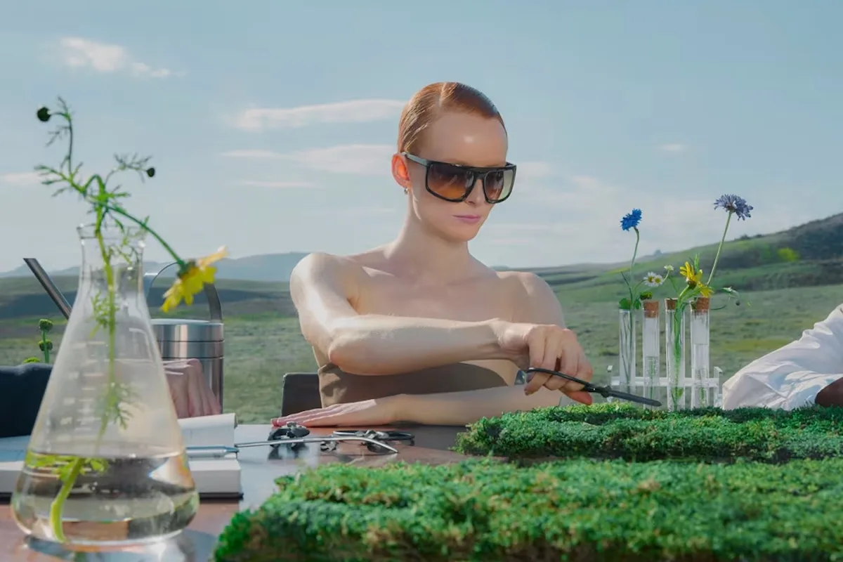 Kampania Everlane inspirowana naturą i zrównoważoną modą – modelka przy stole laboratoryjnym w minimalistycznej estetyce marki