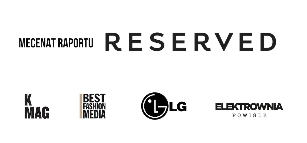Grafika informująca o mecenacie Reserved nad raportem o stanie młodej polskiej sztuki, z logotypami K MAG, Best Fashion & Media, LG i Elektrowni Powiśle.